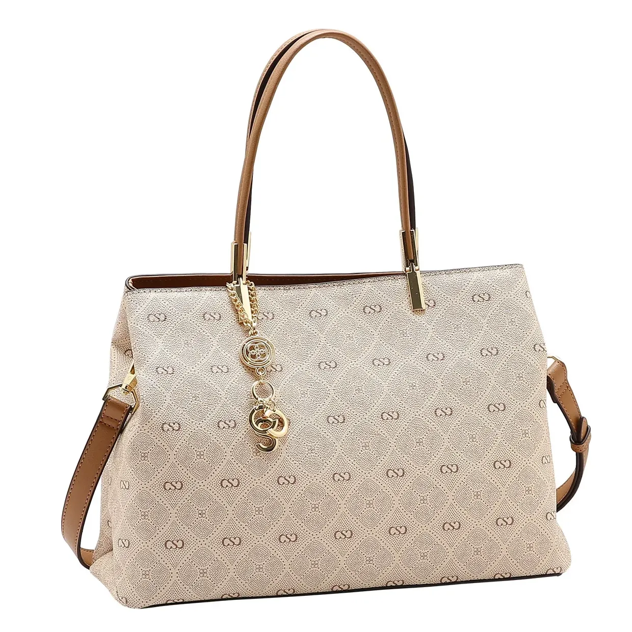 Bolsa tote Chenson bege com estampa monograma pontilhada e detalhes dourados, vista frontal com alças marrons e pingente dourado